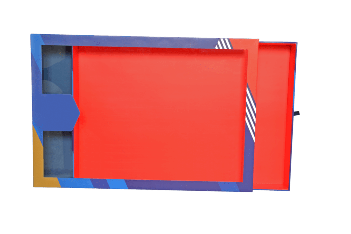 Boîte vitrine bleue et rouge